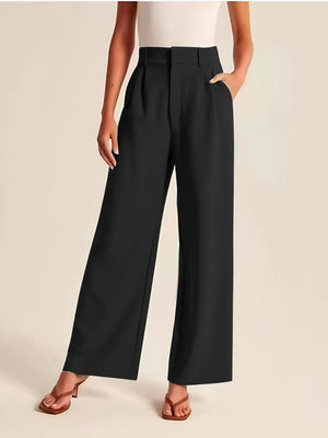 High Waist Straight Trousers With Pockets Wide Leg Casual Pants For Women — 5